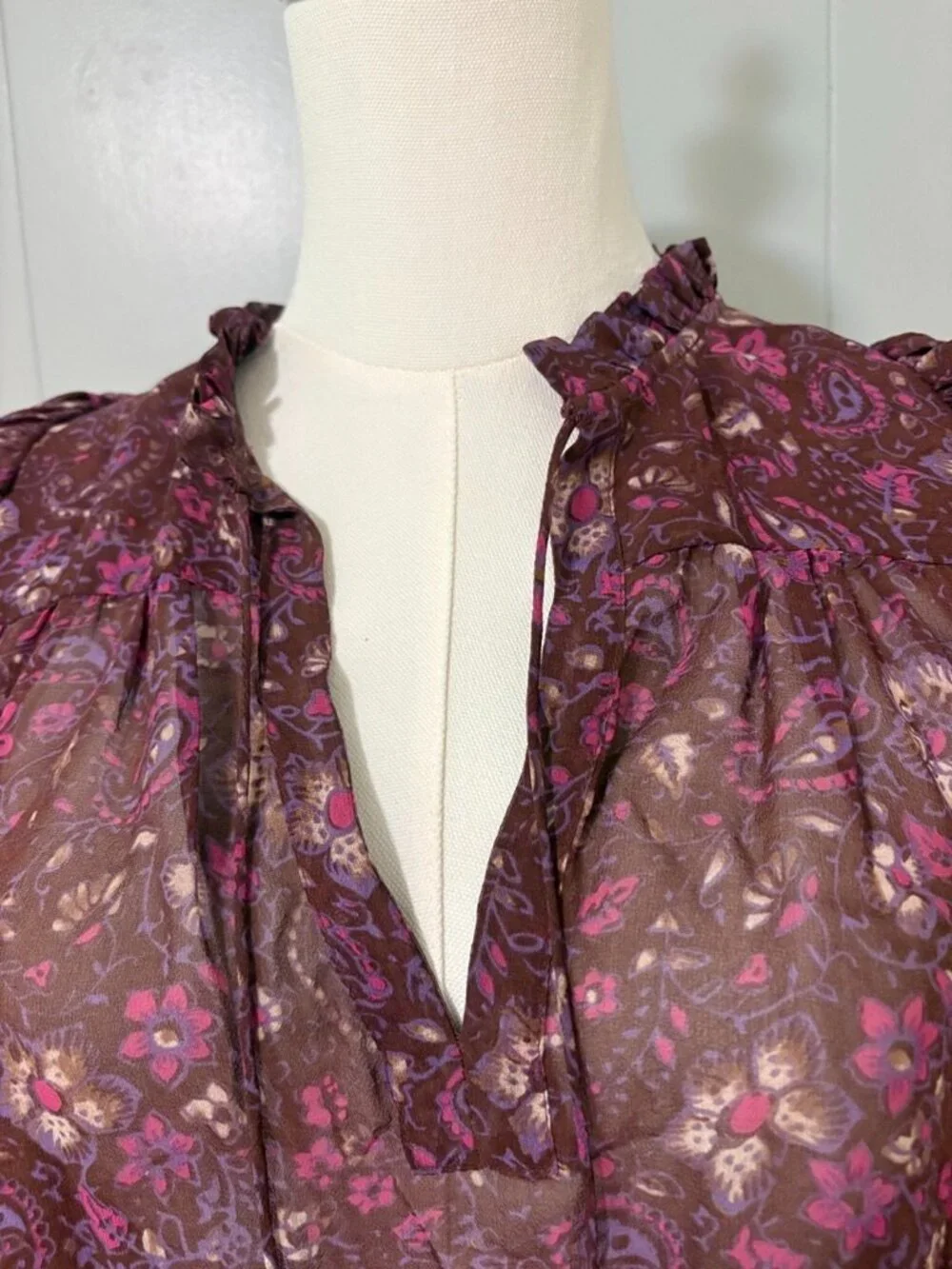 Ulla Johnson Renly Blouse Sumac Floral Paisley 100% Silk Sz 0 Ruffle Puff Sleeve